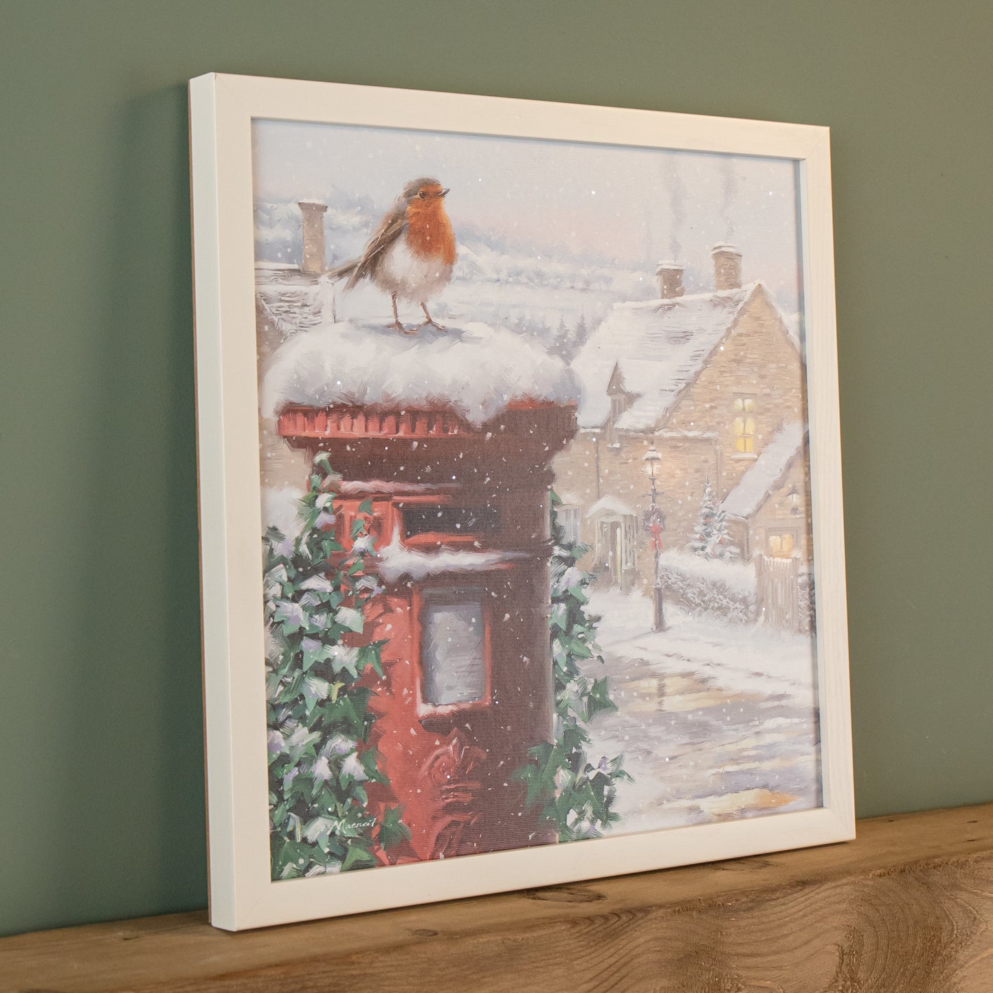 LED Battery Operated Fibre Optic Wall Art Canvas with a Robin and Postbox Christmas Decoration