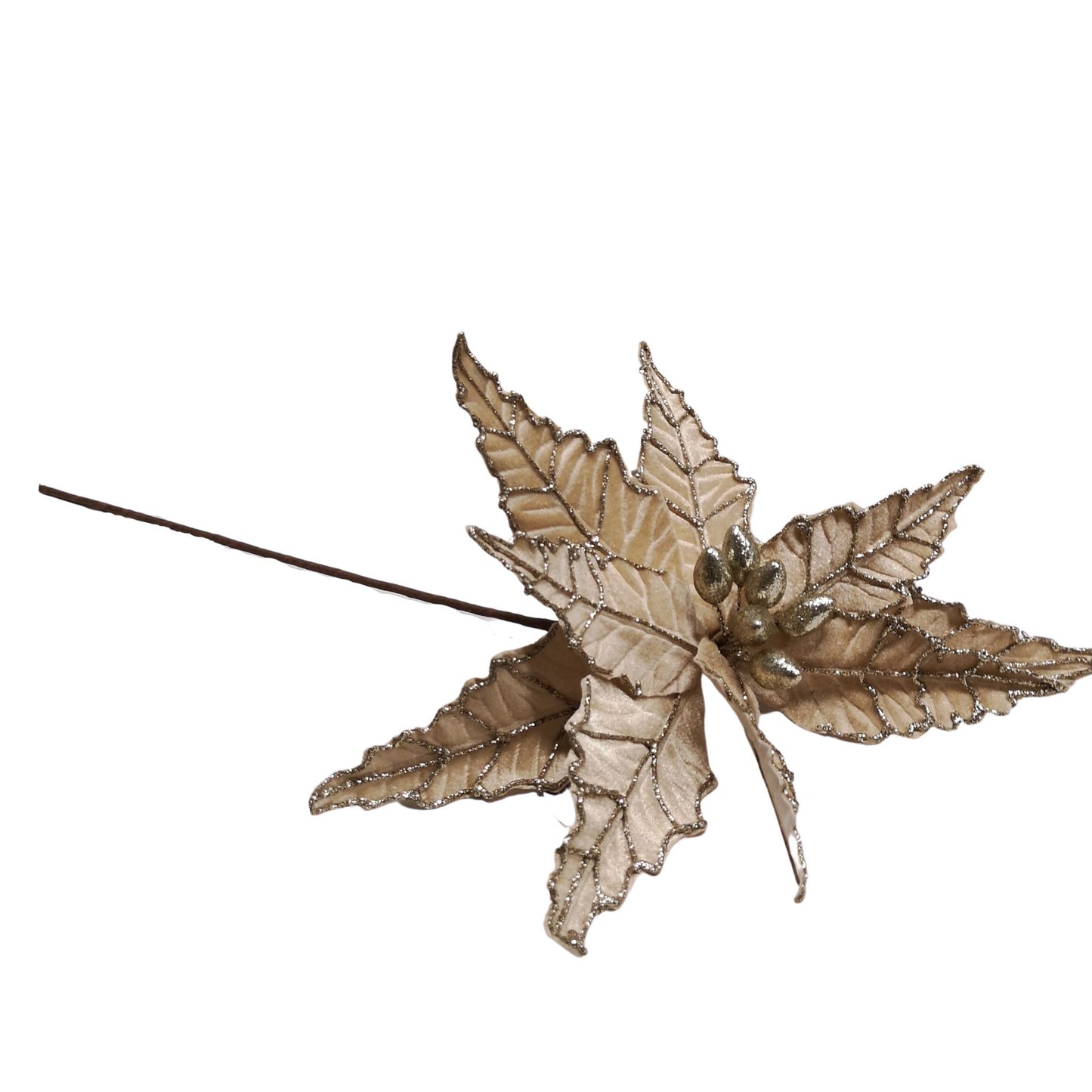 50cm Champagne Velvet Poinsettia Stem with Glitter Christmas Decoration