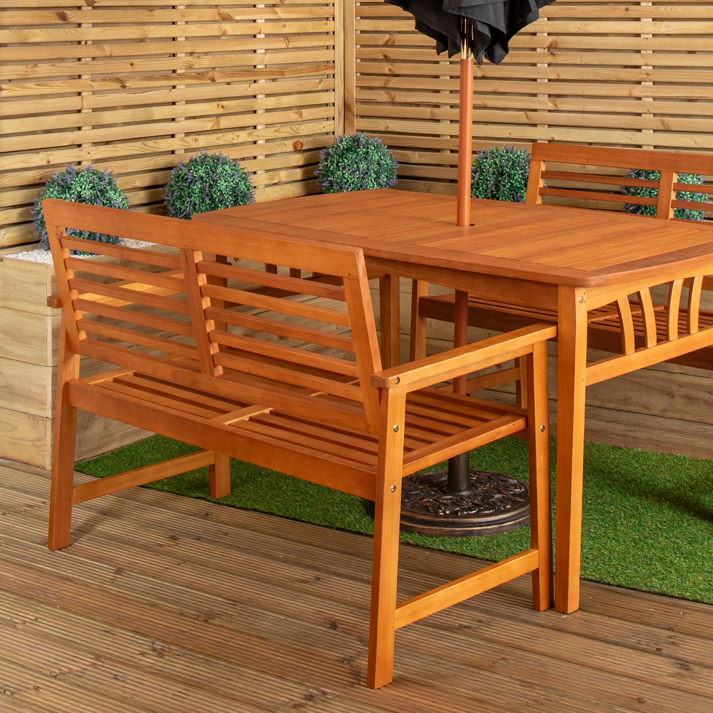 Outdoor 4 Person Rectangular Wooden Garden Table, 2 Benches with Black Parasol & Base Furniture Set
