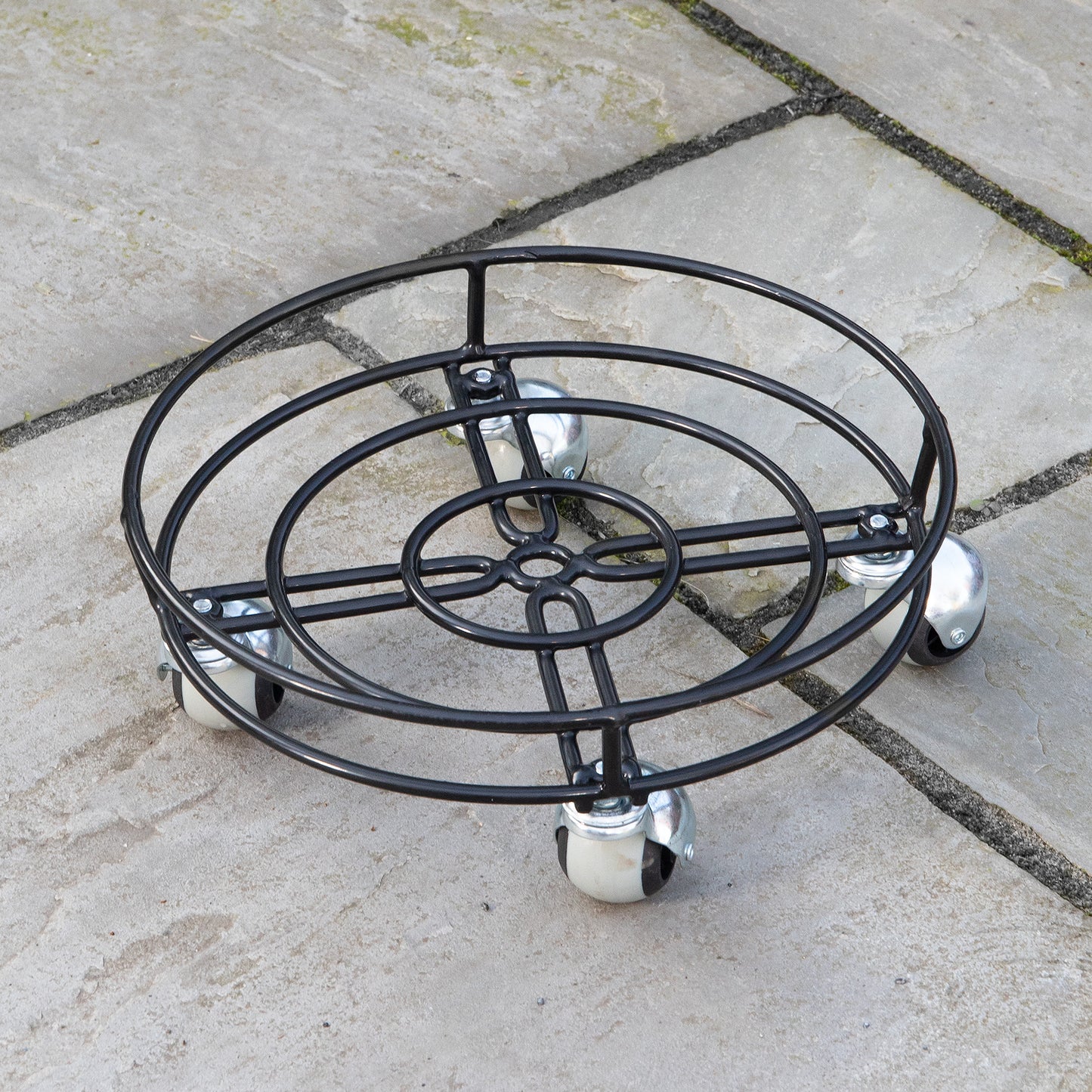 Tom Chambers Handcrafted Heavy Duty Round Black Metal Garden Patio Plant Flower Pot Stand Caddy Trolley Dolly on Strong Metal Castor Wheels 32cm