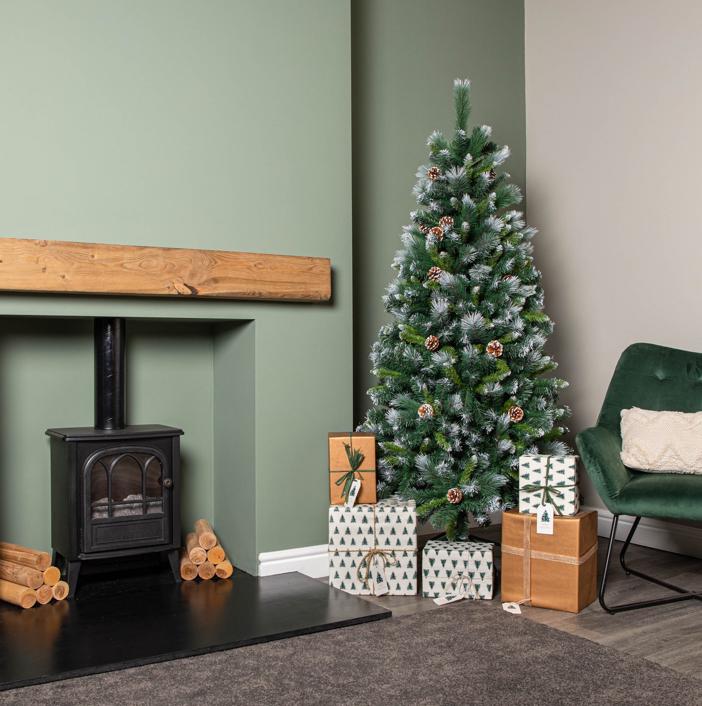 6ft (1.8m) Frosted Glacier Pine Snow Tipped Christmas Tree with Pine Cones and 710 Tips