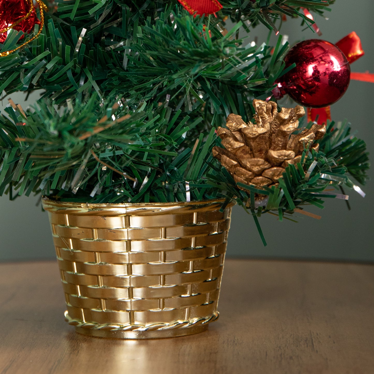 30cm Mini Pre-Decorated Christmas Tree in Gold Pot with Red Baubles