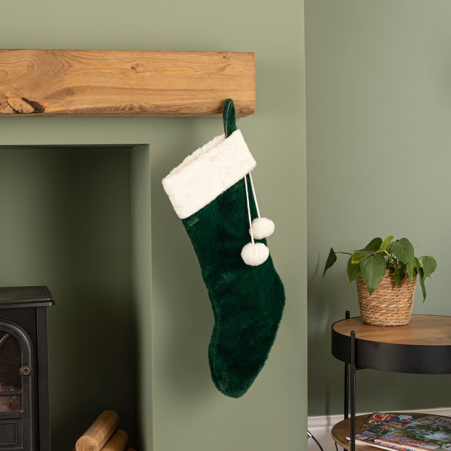 60cm Green Christmas Stocking with White Cuff and Pom Poms