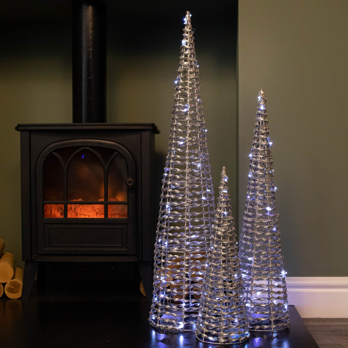 Set of 3 Silver Glitter Twist Christmas Cone Trees with 90 Cool White LEDs