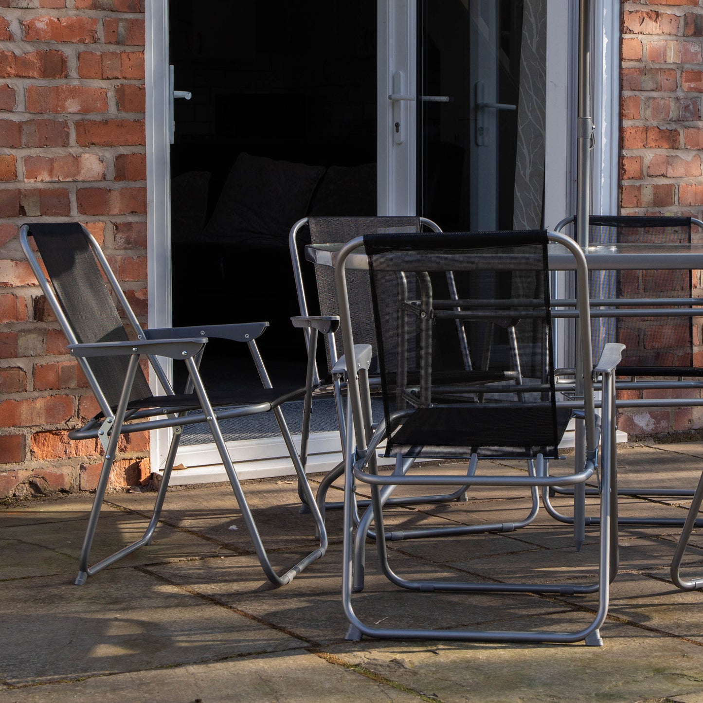 6 Person Garden Furniture Patio Set Table, 6 Chairs & Parasol with Black Glass