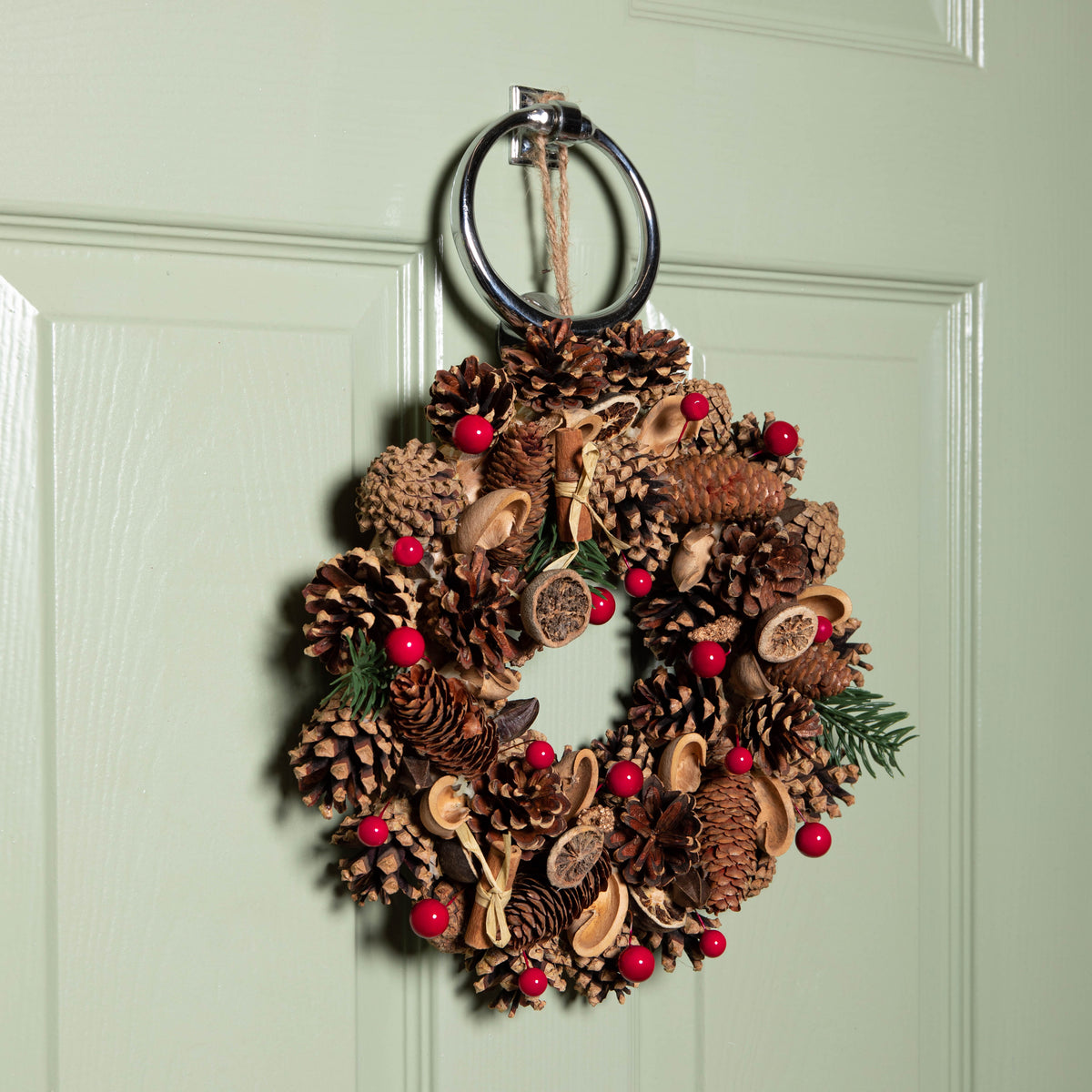 30cm Winter Spice Hanging Christmas Wreath with Pine Cones Red Berries & Dried Fruit