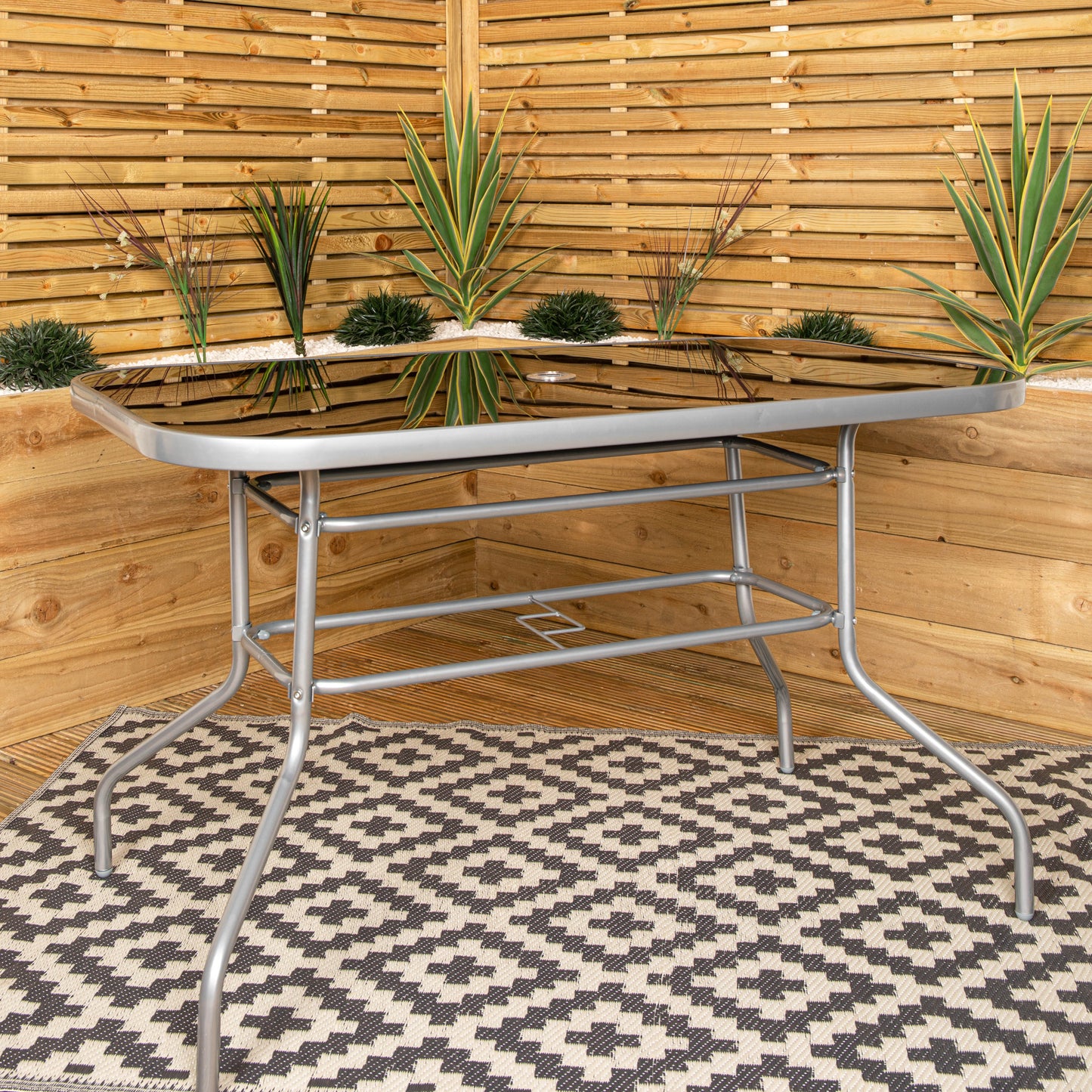 6 Person Garden Furniture Patio Set Table, 6 Chairs & Parasol with Black Glass