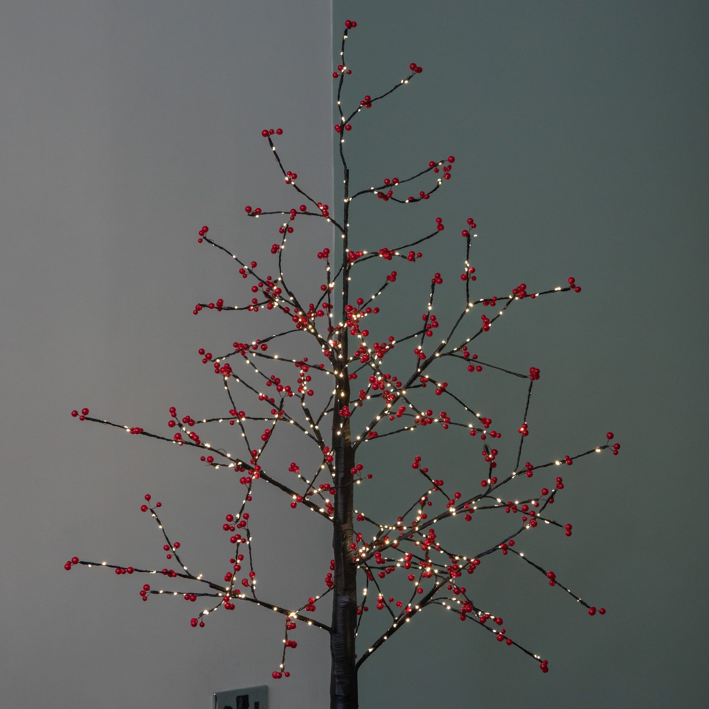 5ft (1.5m) Light up Black Christmas Twig Tree with Red Berries & Warm White LEDs