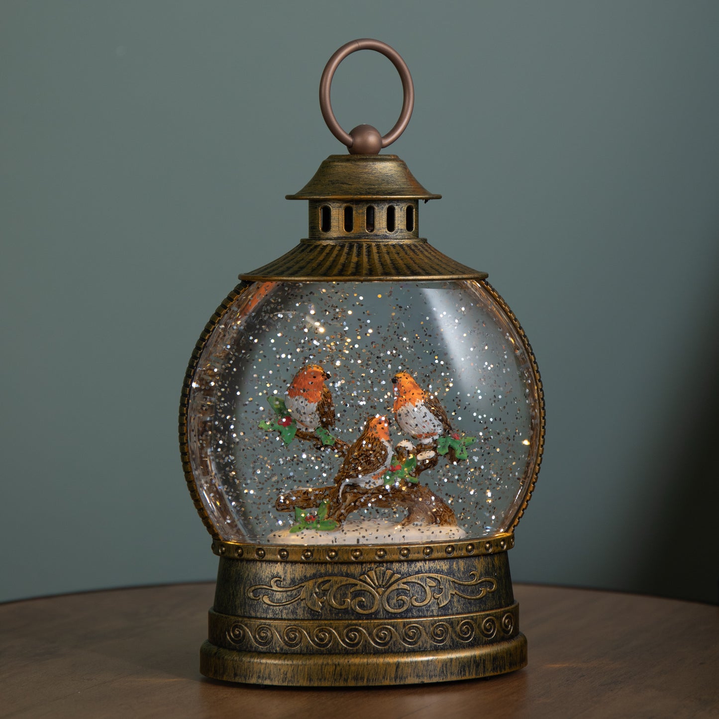 22cm Dual Powered Light up Antique Gold Christmas Robin Water Spinner with LEDs