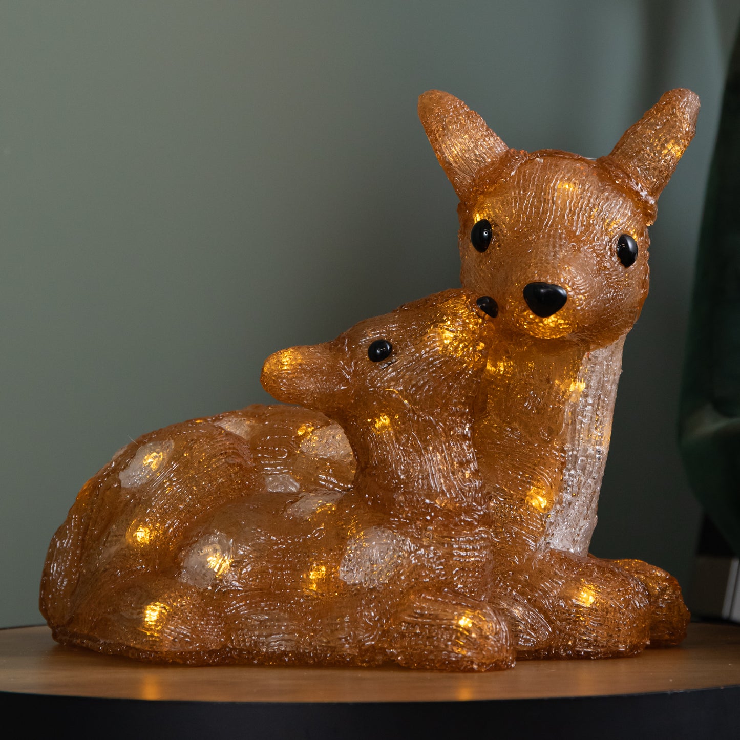27cm Battery Powered Light up Ice Frosted Christmas Doe & Fawn with Warm White LEDs