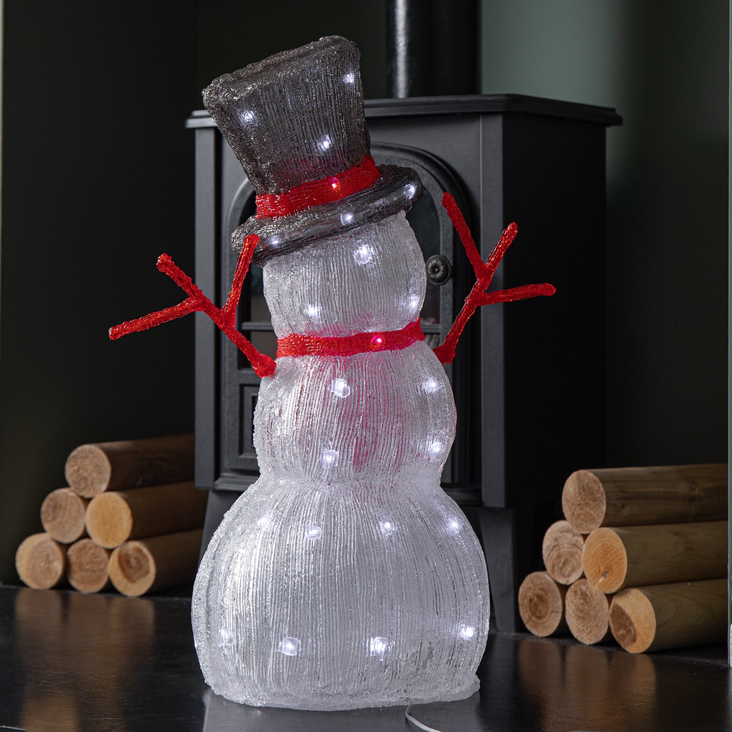 55cm Light up Acrylic Christmas Snowman with Top Hat & Scarf with White LEDs