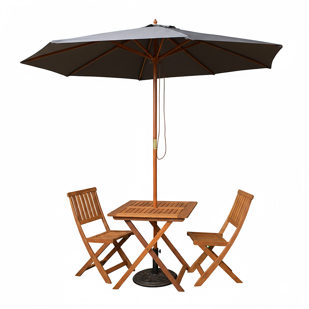 Outdoor 2 Person Folding Wooden Garden Dining Table Chairs Grey Parasol and Base Set