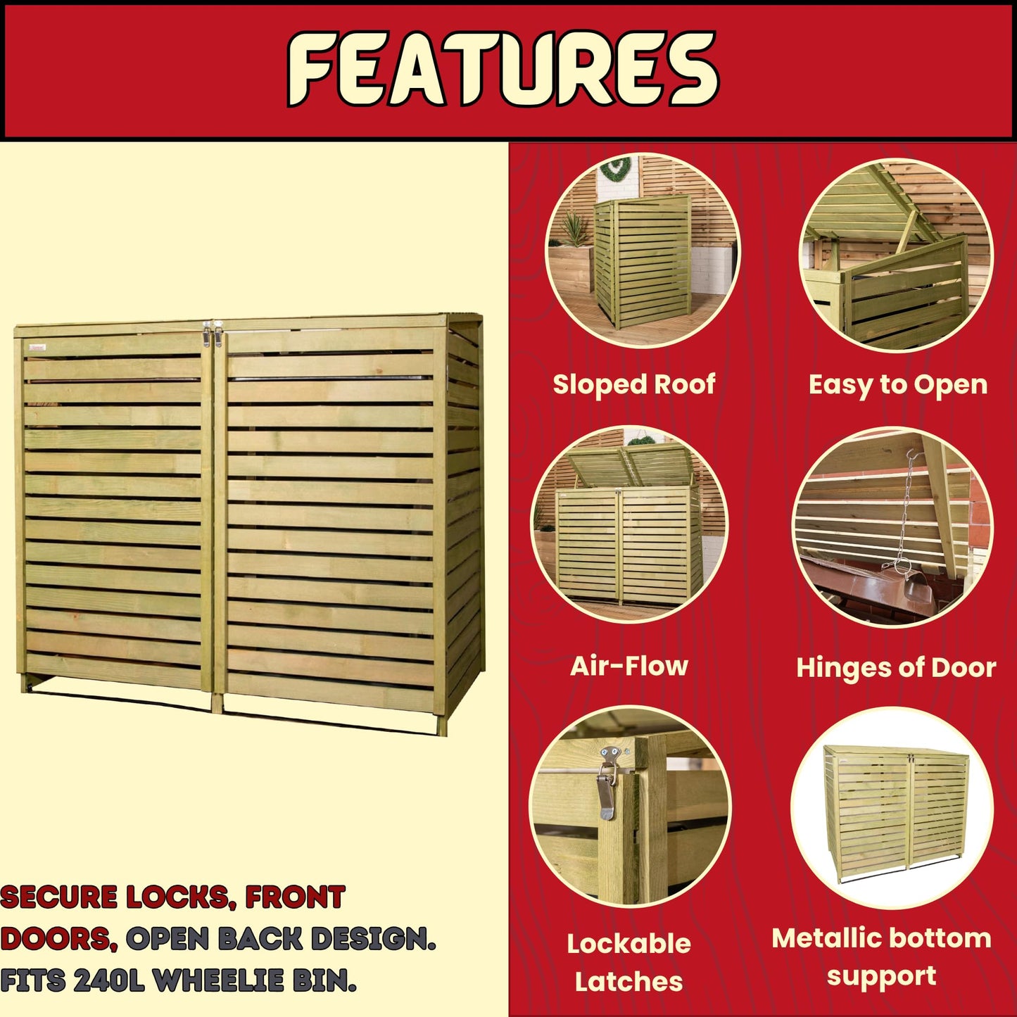 Factory Seconds: 1.34m x 1.2m Large Wooden Outdoor Garden Double Wheelie Bin Store Storage for 2 Bins