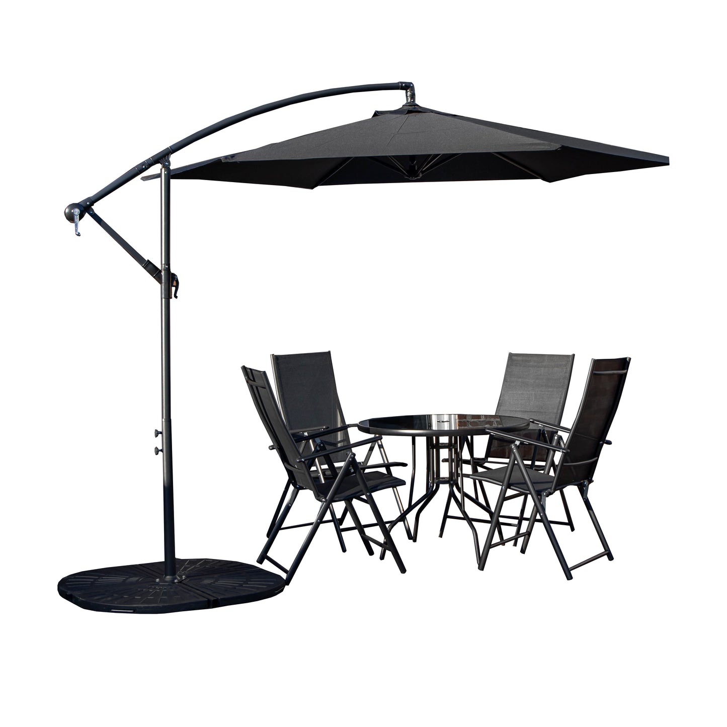 Outdoor 4 Person Round Glass Top Garden Dining Table Chairs With Black Banana Parasol and Base