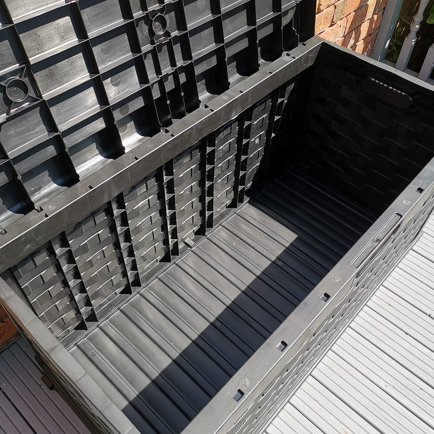 Factory Seconds: 335 Litre Rattan Style Garden Cushion Storage Box with Sit on Lid – Black