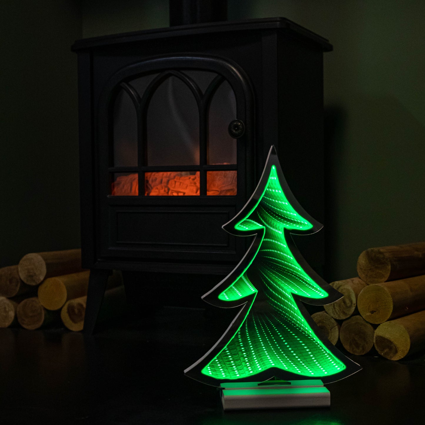 30cm Standing Infinity Christmas Tree Light with Wooden Base and Green LEDs