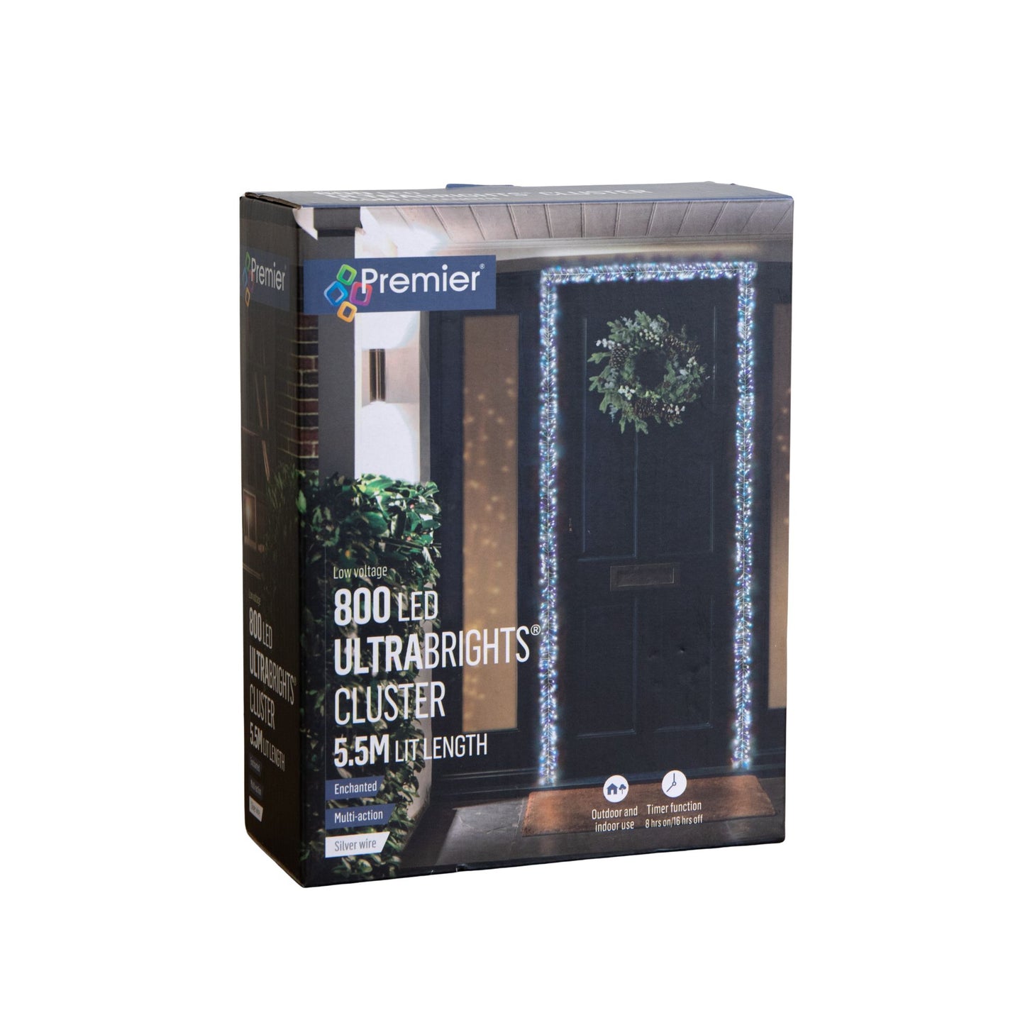 5.5m 800 LED UltraBrights Christmas Door Cluster Lights with Timer in Blue, Purple & White on Silver Wire