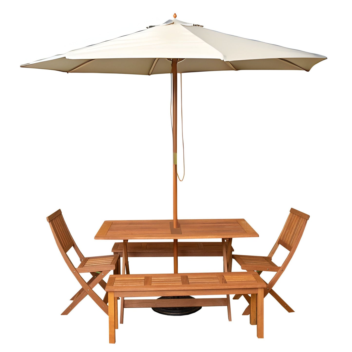 Outdoor 6 Person Rectangular Wooden Garden Dining Table, 2 Benches, Chairs with Cream Parasol and Base Set