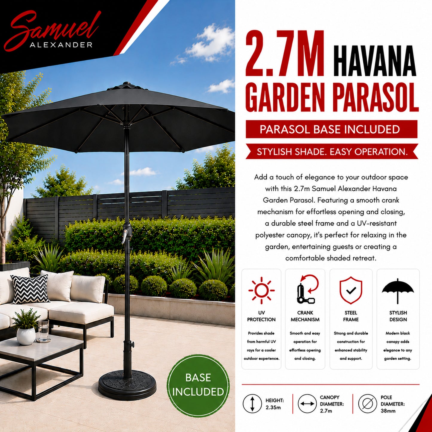 2.7m Havana Garden Patio Parasol with Crank Handle in Black with 9kg Base Included