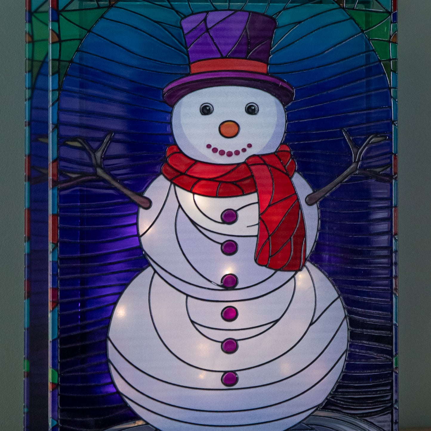 28cm Battery Operated Light up Double Sided Stained Glass Snowman Decoration with LEDs