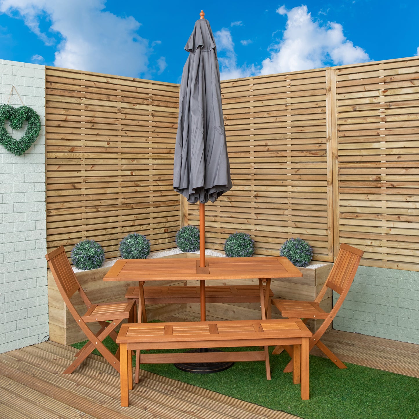 Outdoor 6 Person Rectangular Wooden Garden Dining Table, 2 Benches, Chairs with Grey Parasol and Base Set