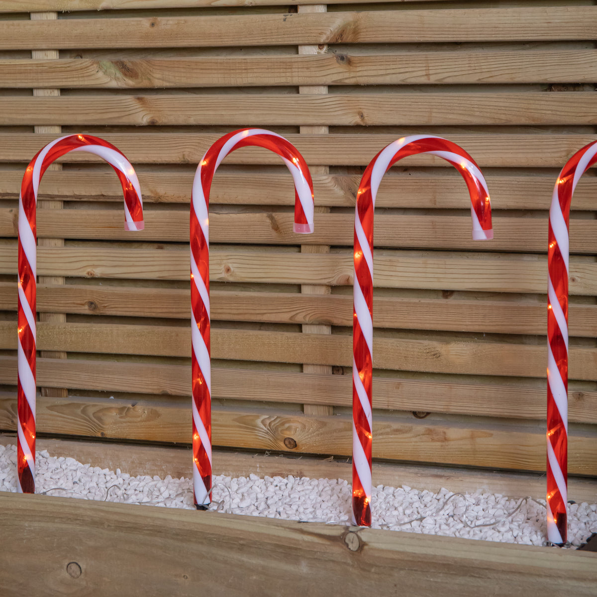 Set of 4 Large Light up Red & White Stripe Christmas Candy Cane Garden Stakes with LEDs