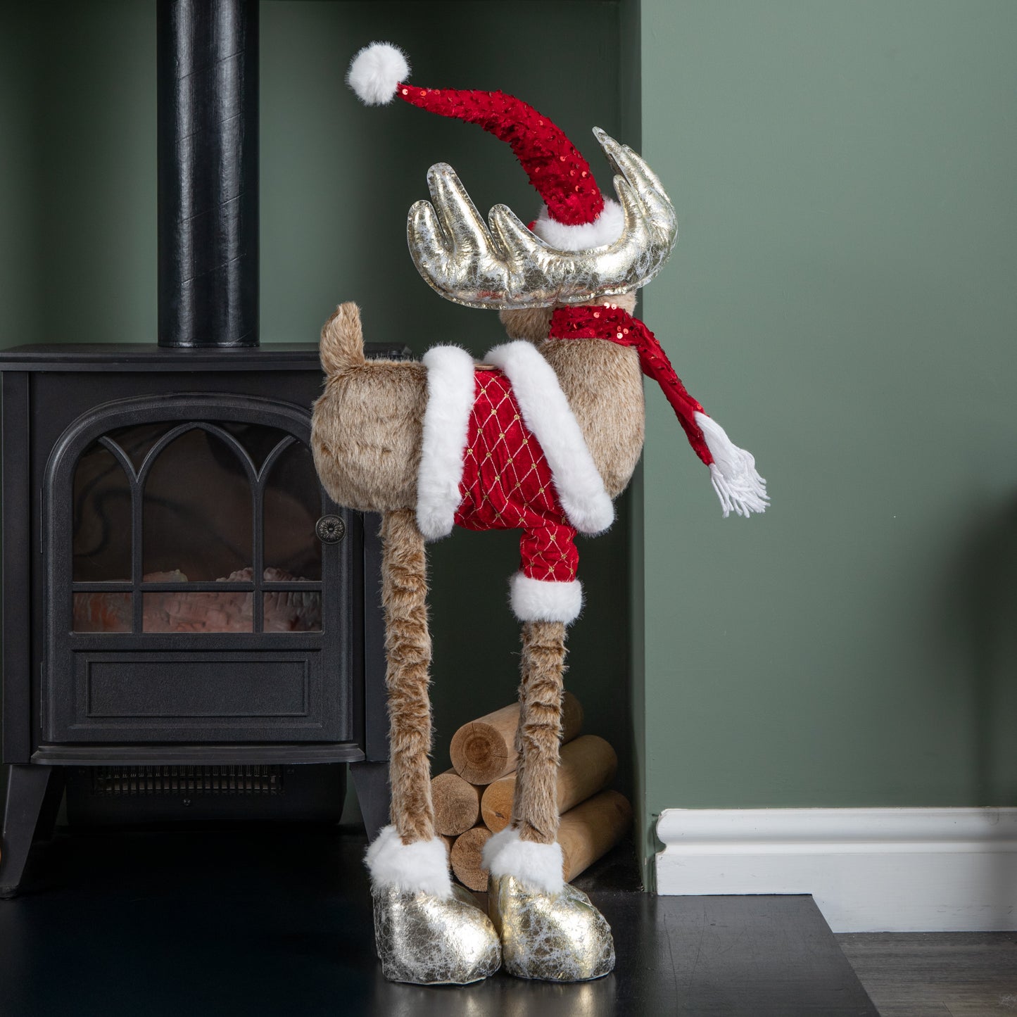 91cm Tall Plush Festive Golden Rudolph Christmas Decoration with Extendable Legs