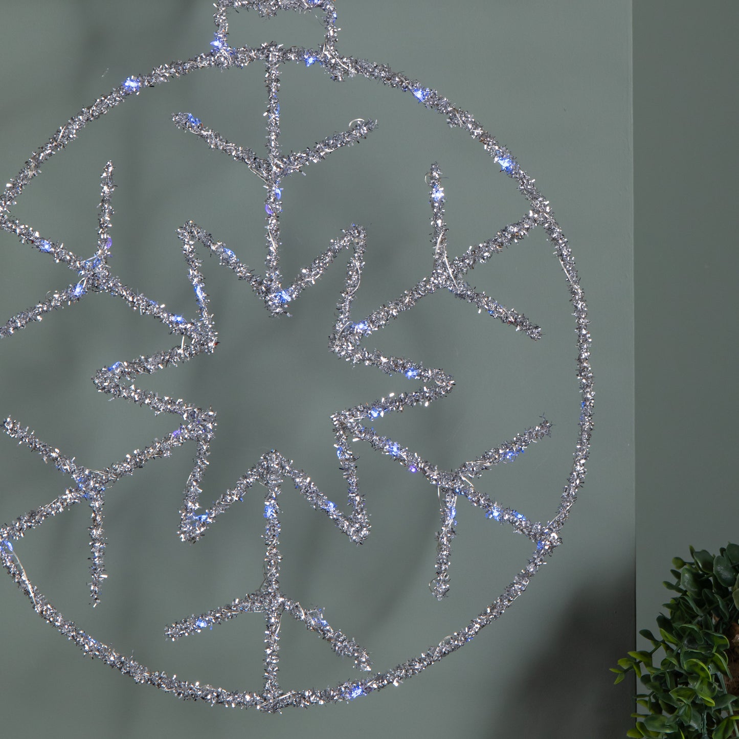 49cm Battery Powered Light up Silver Christmas Snowflake Ball with Blue Twinkling LEDs