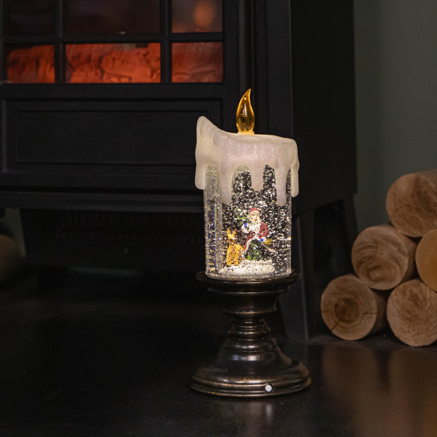 25cm Snowtime Dual Power LED Water Spinner Candlestick with Santa Scene