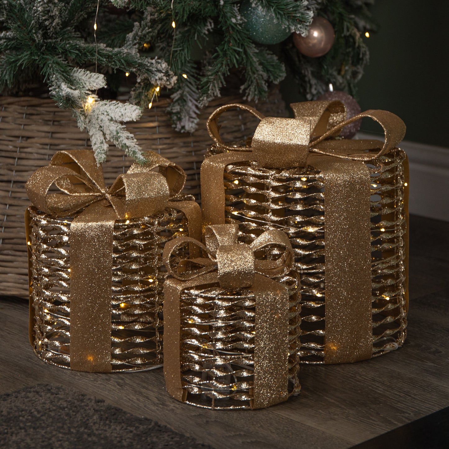 Set of 3 Battery Operated Gold Christmas Glitter Twist Gift Boxes with Warm White LEDs