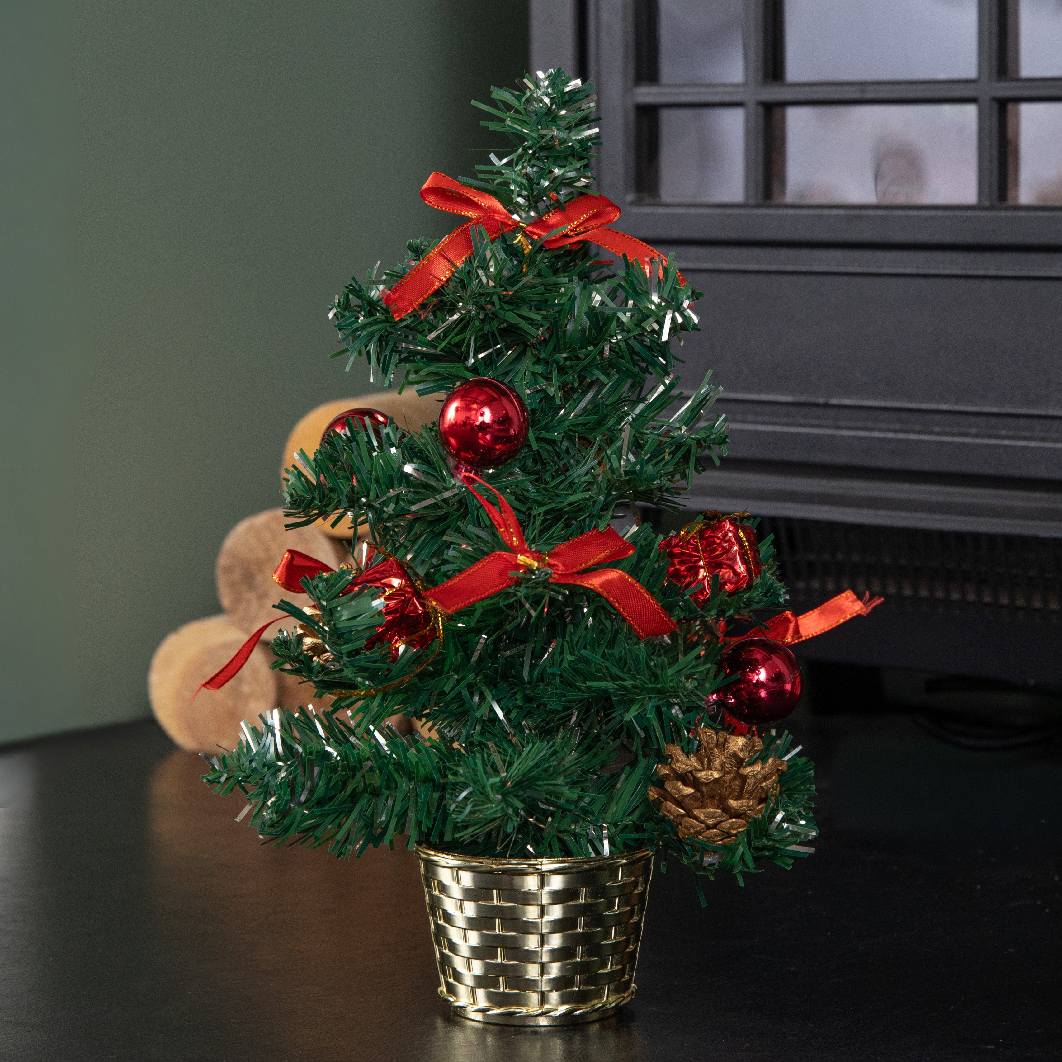 30cm Mini Pre Decorated Christmas Tree Gold Pot Baubles