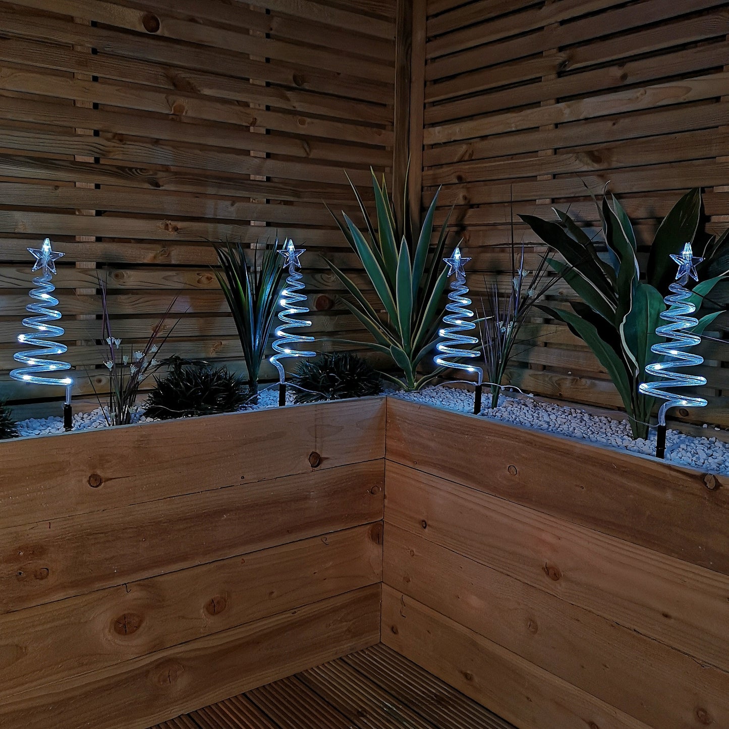 Set of 4 Battery Operated LED Cool White Spiral Tree Path Lights Christmas Decoration with Timer