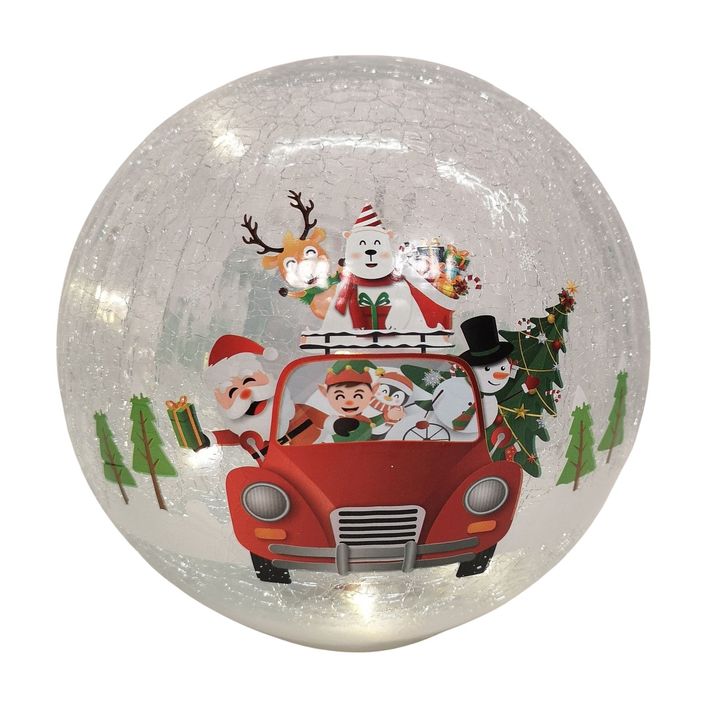 20cm Battery Operated Twinkling Warm White LED Crackle Effect Ball Decoration with Santa and Friends in Car