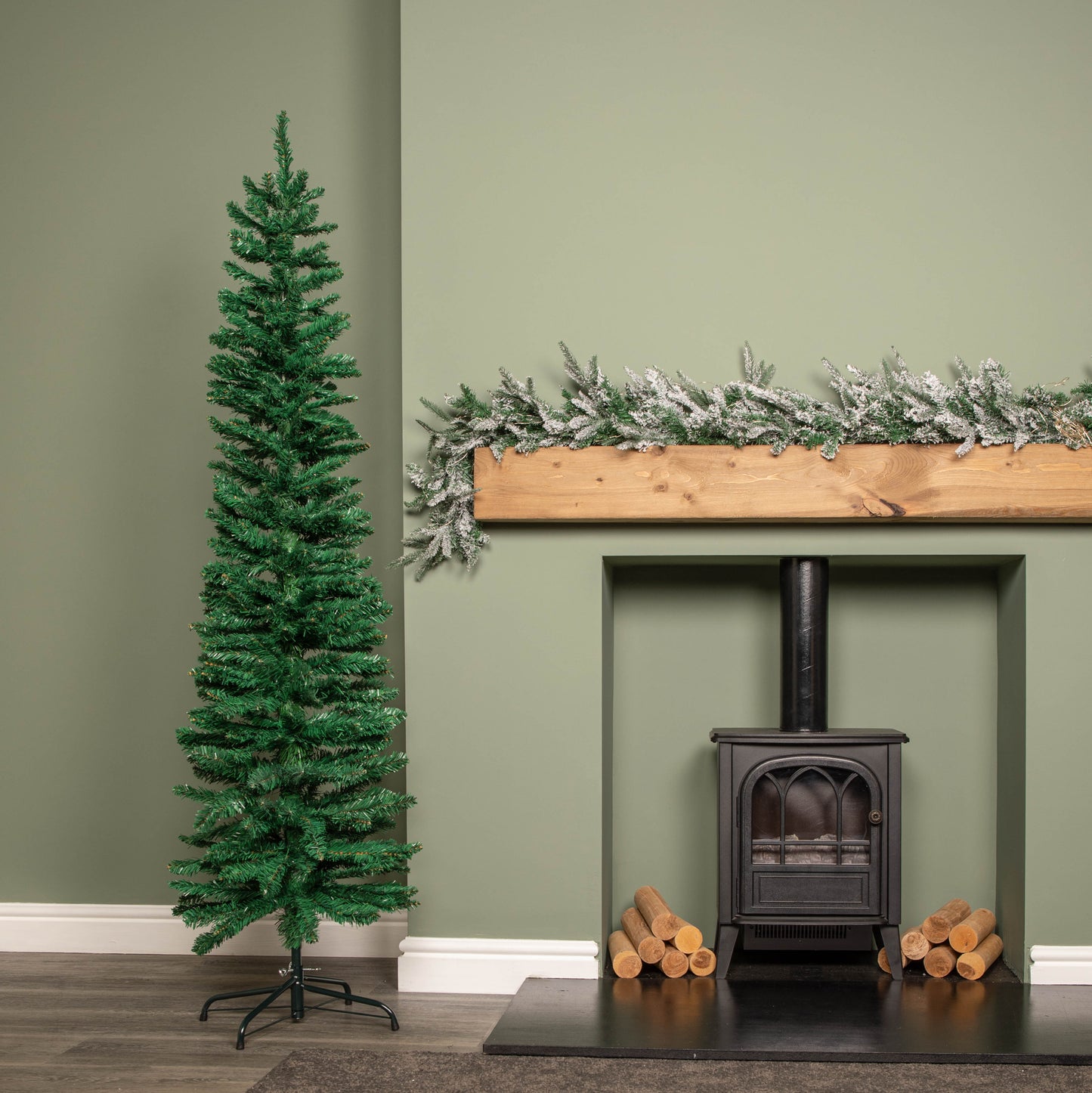 Factory Seconds: 6ft (1.8m) Green Artificial Pencil Christmas Tree With Green Metal Stand and 321 Tips