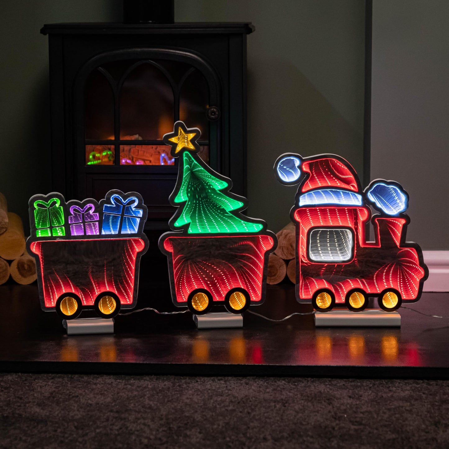 Factory Seconds: 70cm Infinity Christmas Train with 2 Carriages on Wood Base and Multi-Coloured LEDs