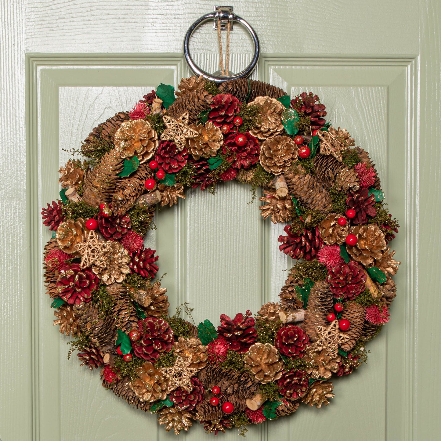 50cm Red Hanging Christmas Wreath with Red Berries and Pinecones
