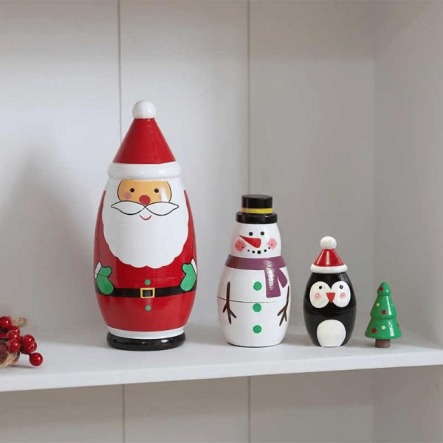16cm Hand Painted Wooden Christmas Santa Festive Figurine Set