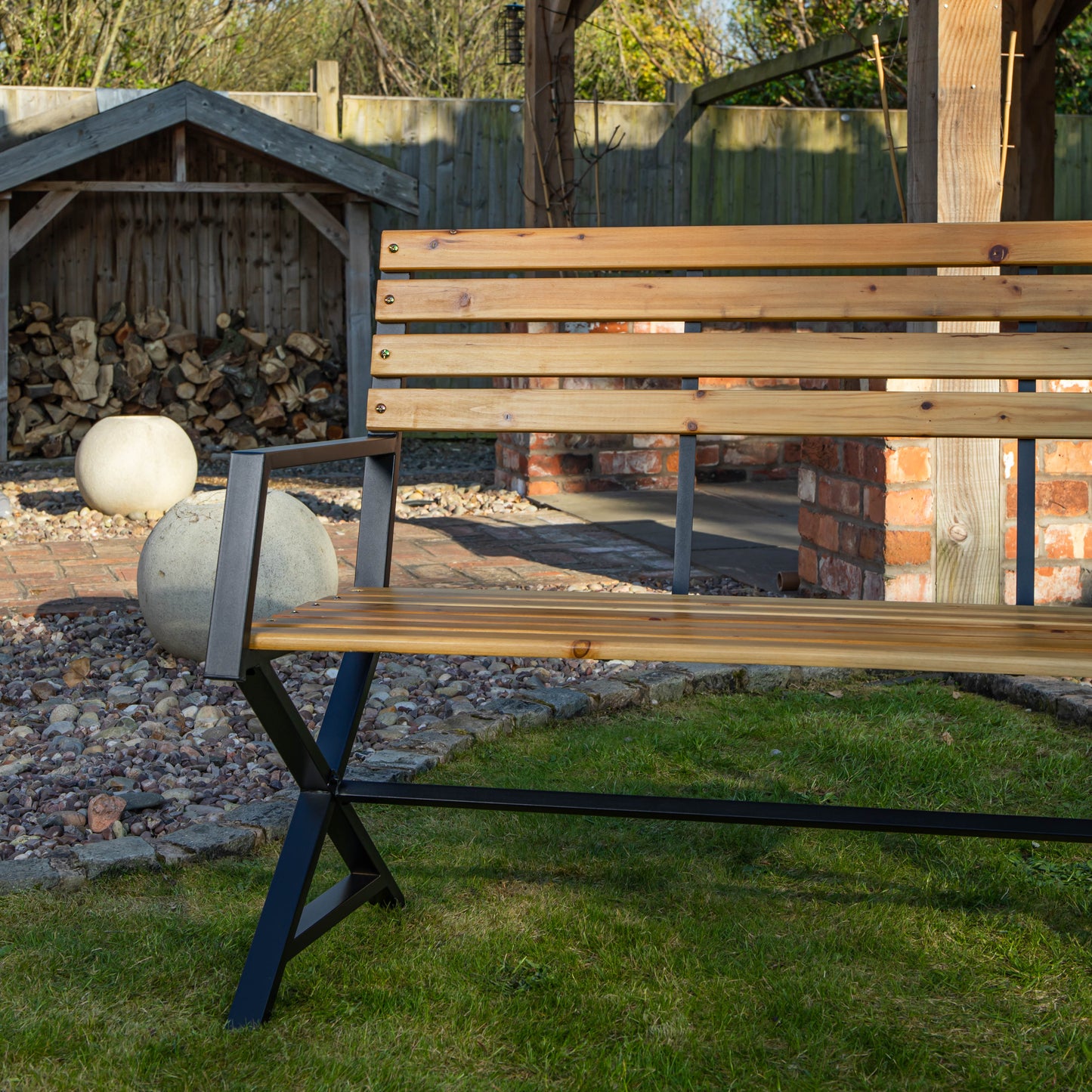 Factory Seconds: Kendal 2 Person Outdoor Modern Cross Design Metal Wooden Garden Patio Bench