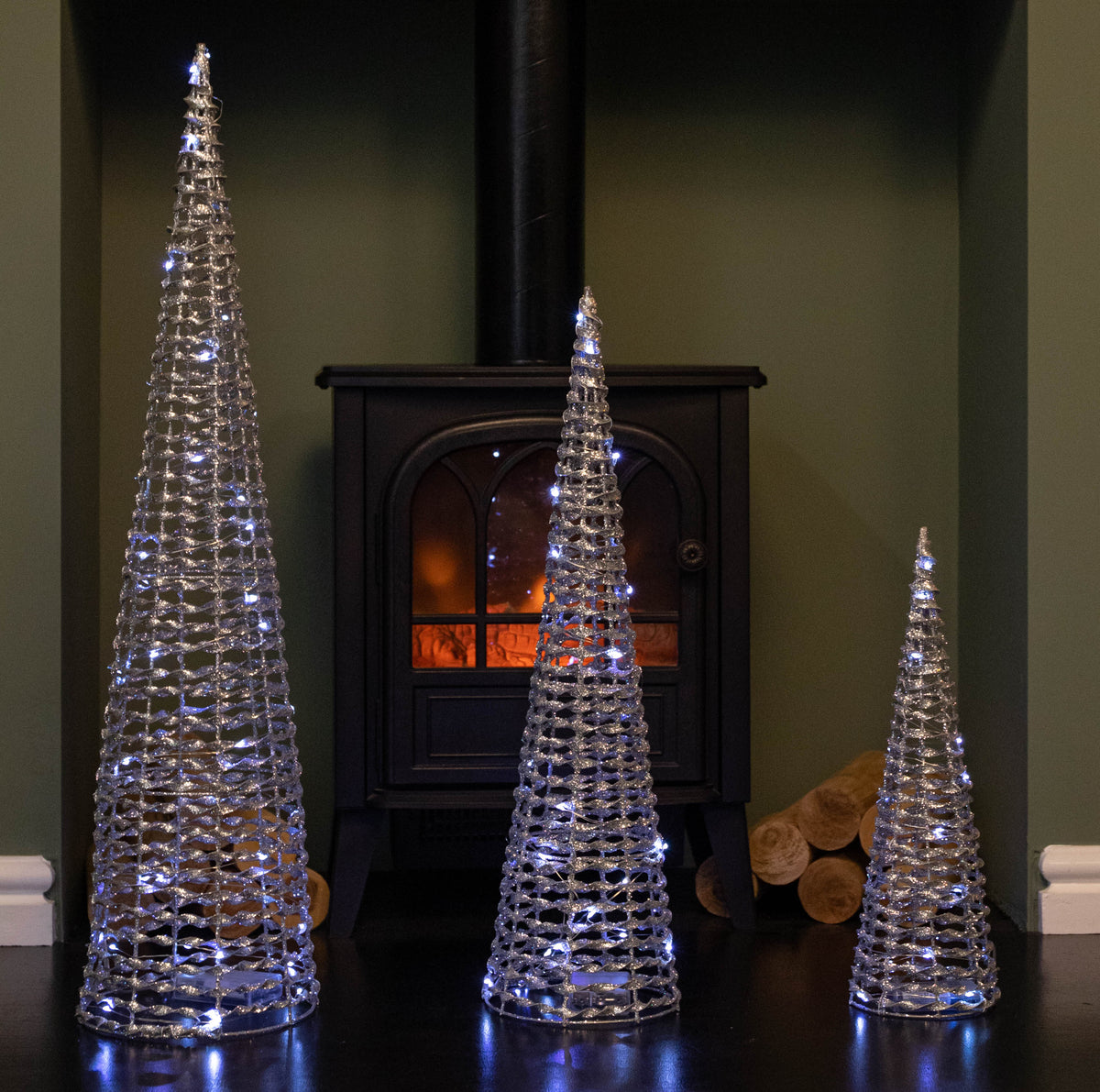 Set of 3 Silver Glitter Twist Christmas Cone Trees with 90 Cool White LEDs