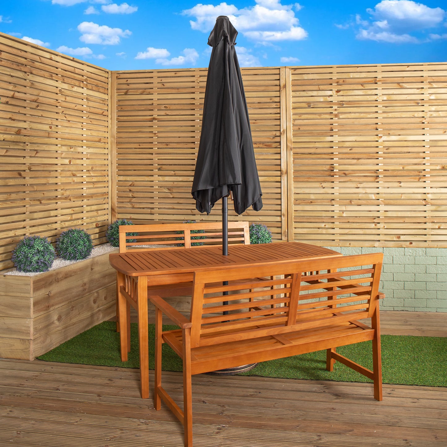 Outdoor 4 Person Rectangular Wooden Garden Table, 2 Benches with Black Havana Parasol & Base