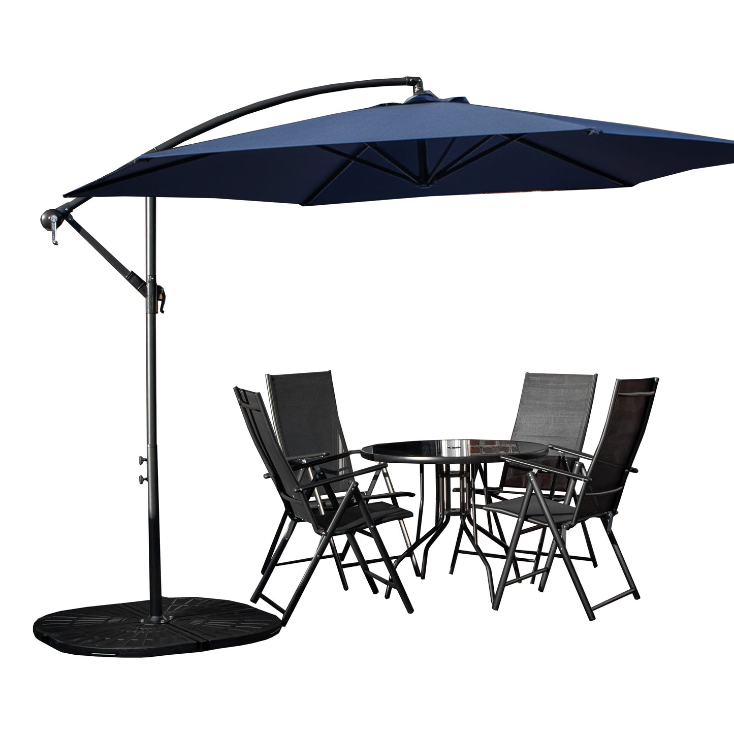 Outdoor 4 Person Round Glass Top Garden Dining Table Chairs With Blue Banana Parasol and Base Set