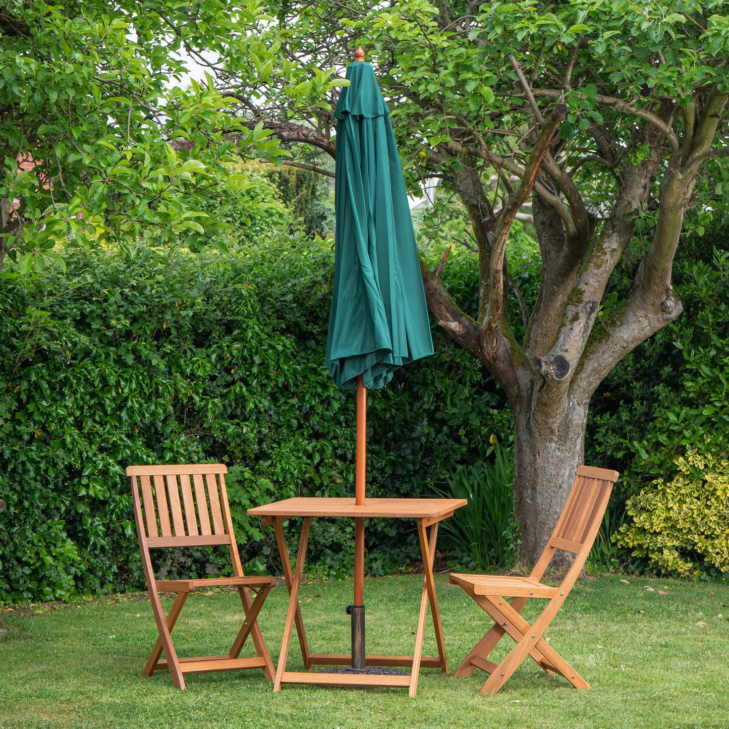 Outdoor 2 Person Folding Square Wooden Garden Dining Table Chairs Green Parasol and Base Set