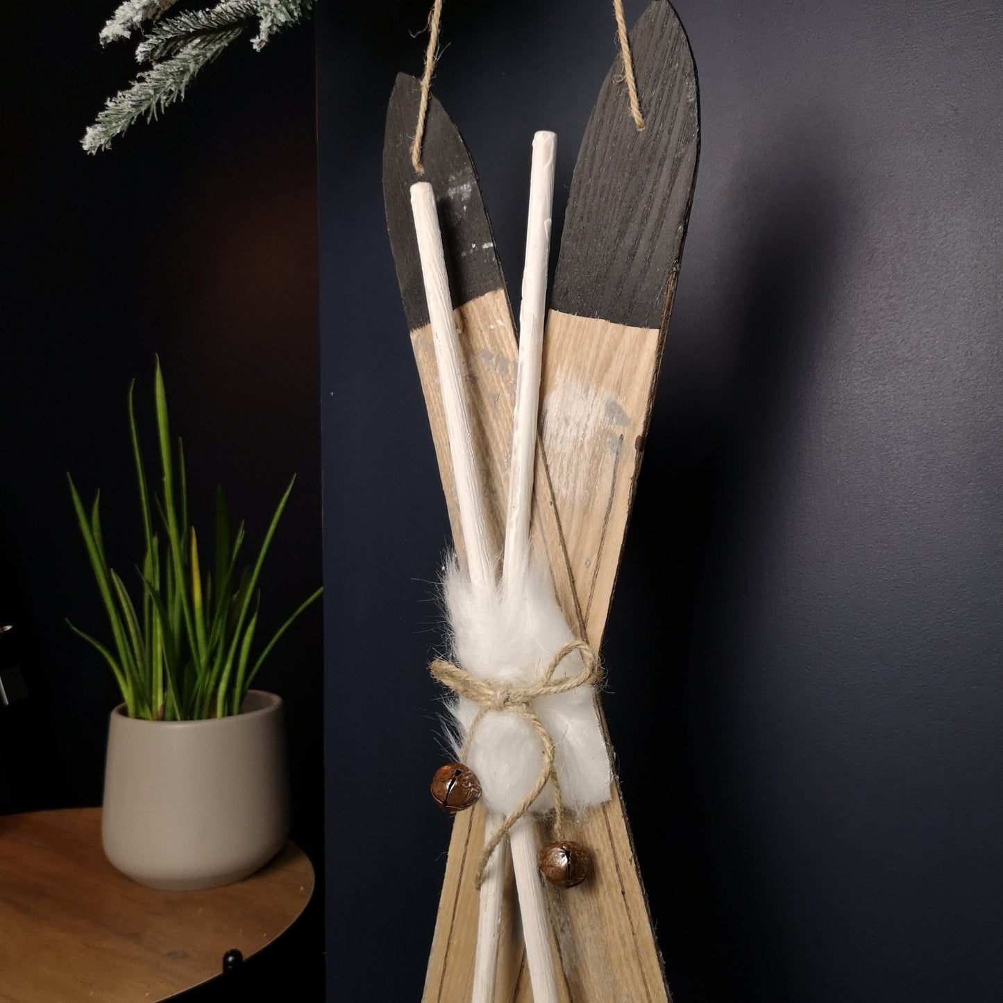 55cm Wooden Skis with Decorative White Fur and Silver Bells Christmas Decoration