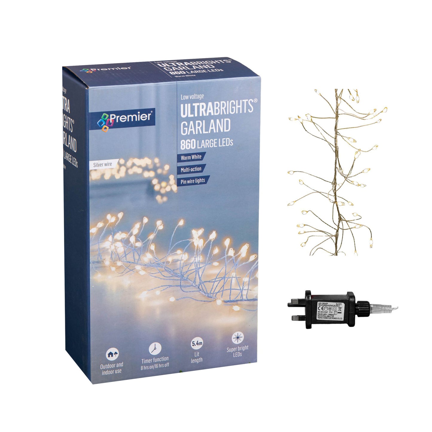 5.4m 860 LEDs Multi Action Ultra Bright Garland on Silver Wire in Warm White