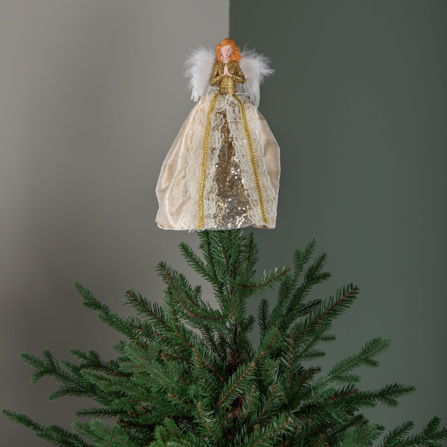 25cm Christmas Angel Tree Topper Decoration with Feather Wings in Gold