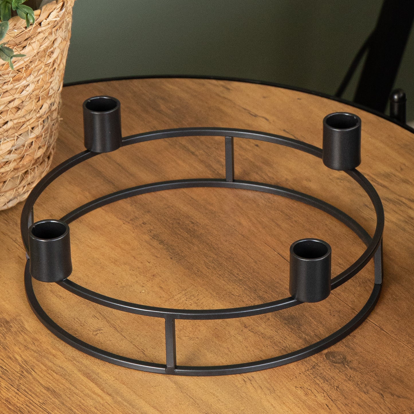 34cm Black Metal Candle Ring Holder with 4 Battery Powered LED Taper Candles