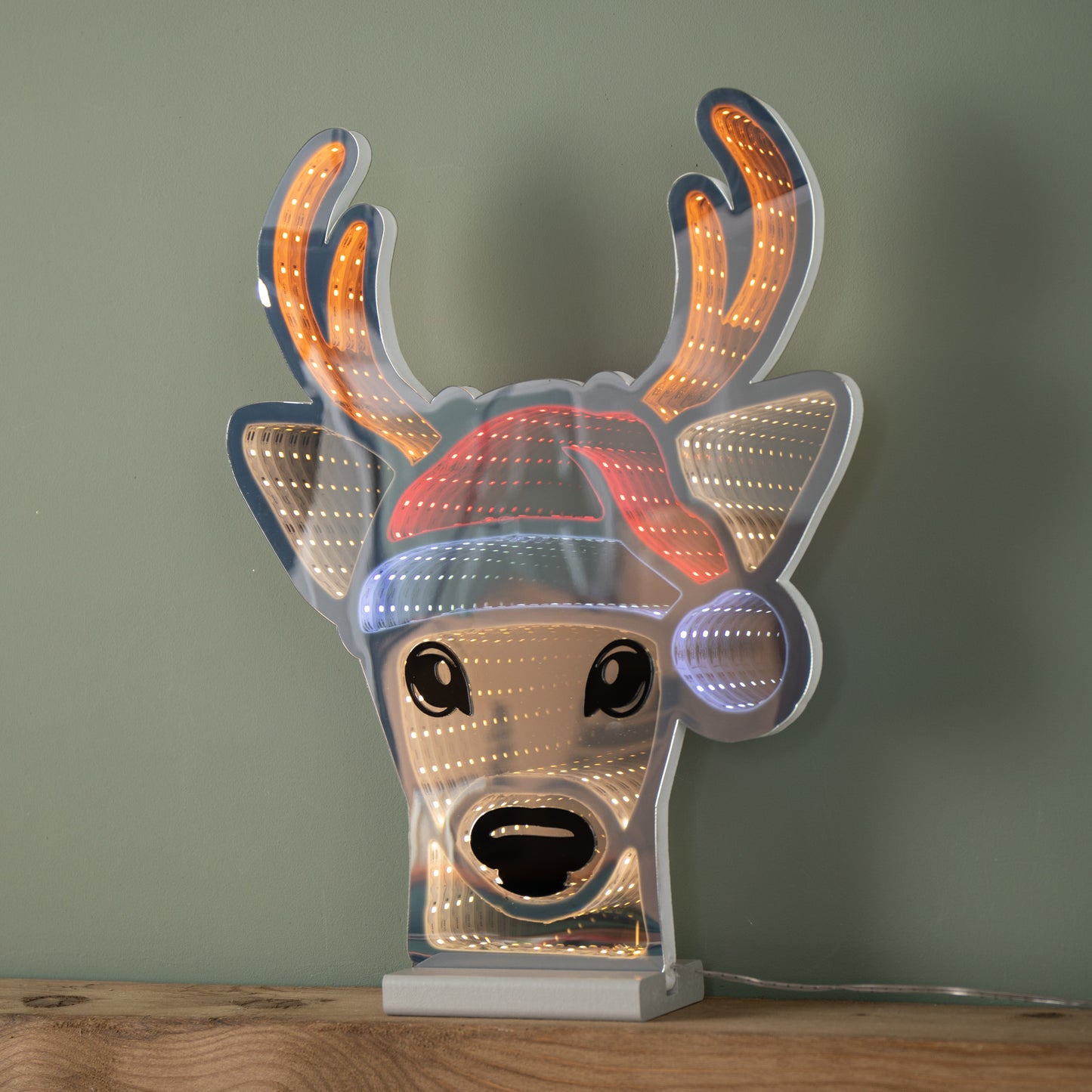 40cm Light up Christmas Deer Head in Santa Hat Infinity Decoration with LEDs