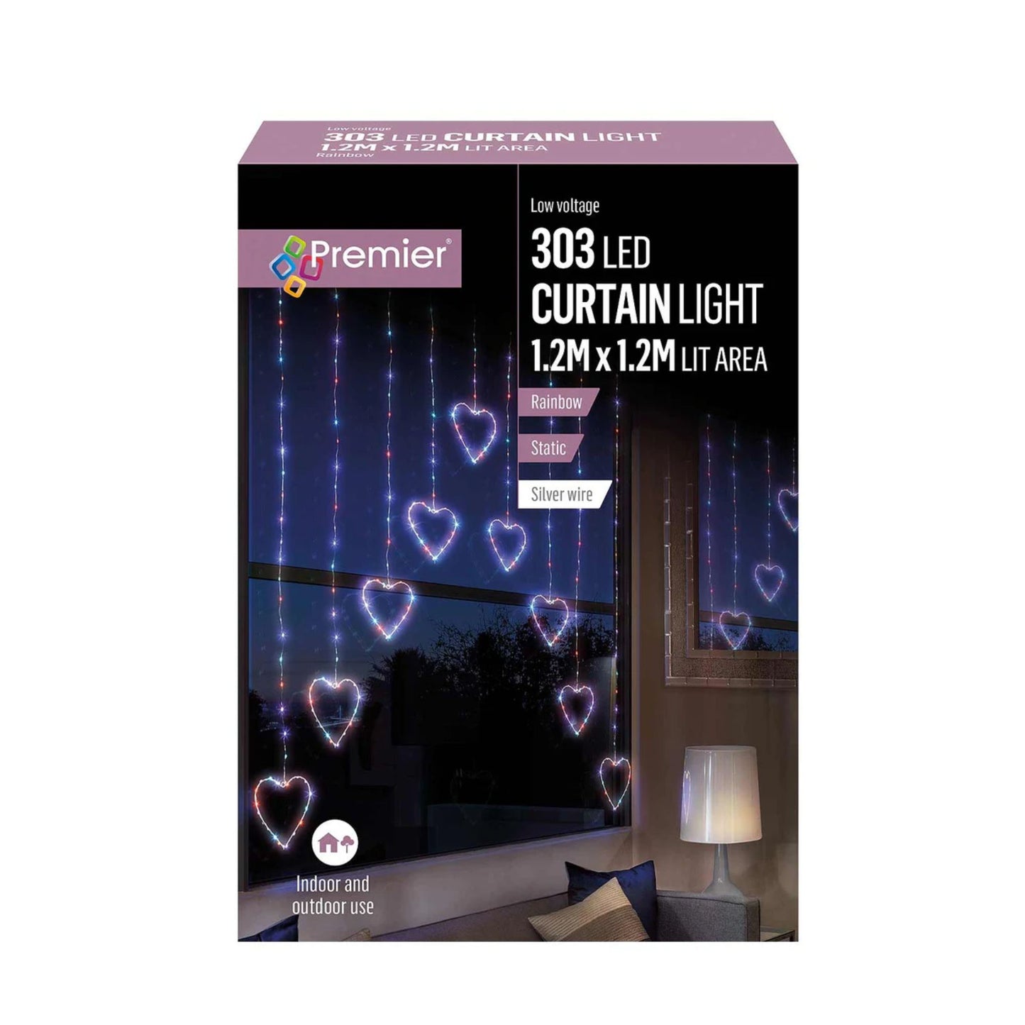 1.2m Premier Christmas Static Heart LED Silver Pin Wire V Curtain Lights in Rainbow