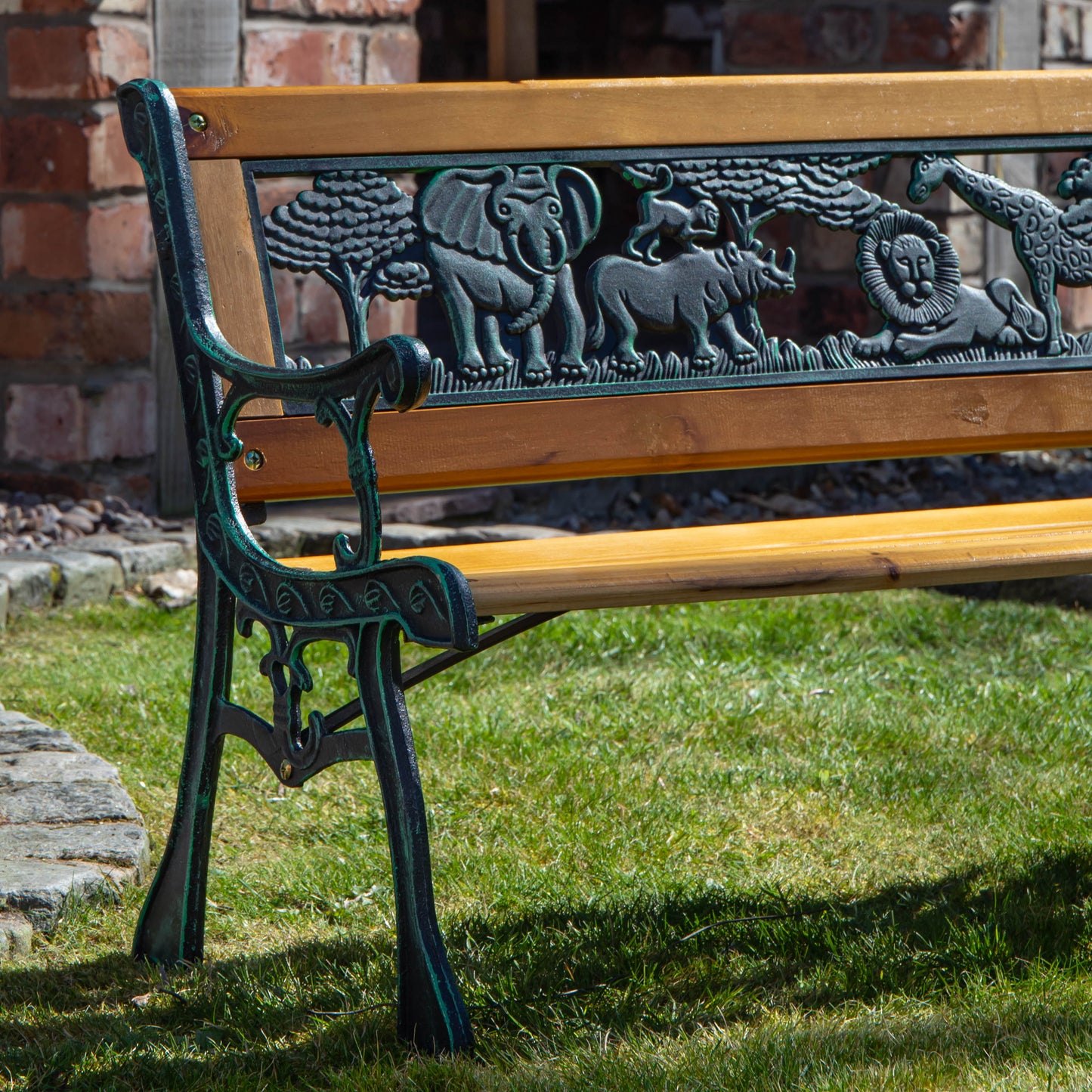 Kids 2 Seater Wooden & Cast Iron Garden Patio Childrens Bench with Animal Design