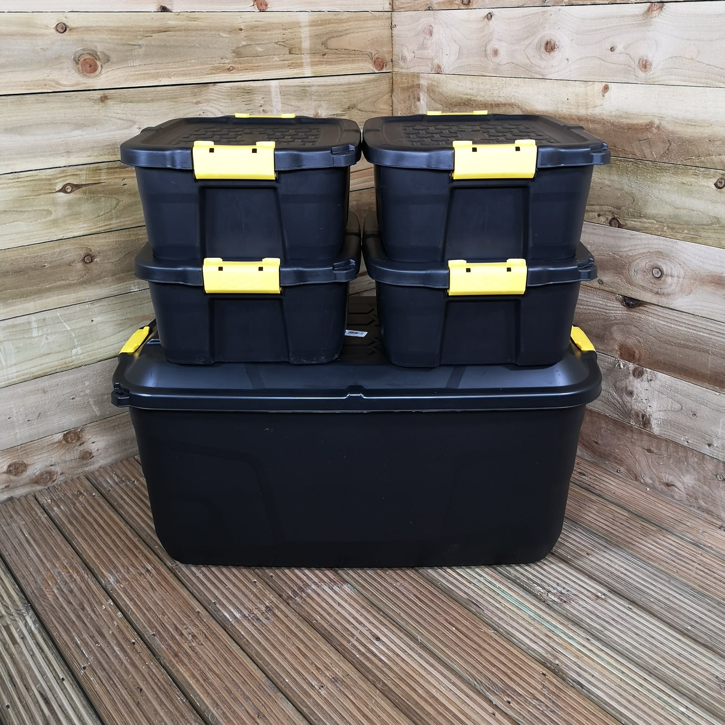 1 x 145L AND 4 x 24L Heavy Duty Trunks 1 on Wheels Sturdy, Lockable, Stackable and Nestable Design Storage Chest with Clips in Black